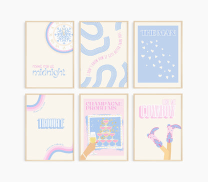 Swiftie print set, Inspired by Midnights, cowboy print, champagne problems, the man, lover print, knew you were trouble, girl birthday gift