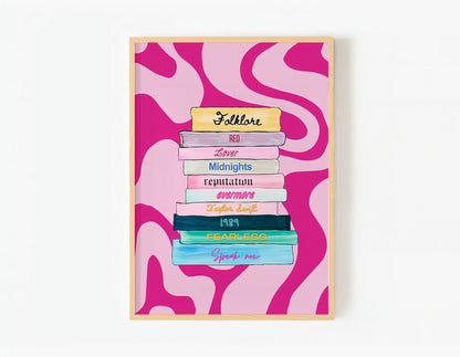 Eras tour print, pink wavy background with album covers as books stacked