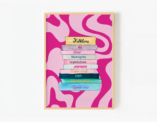 Eras tour print, pink wavy background with album covers as books stacked